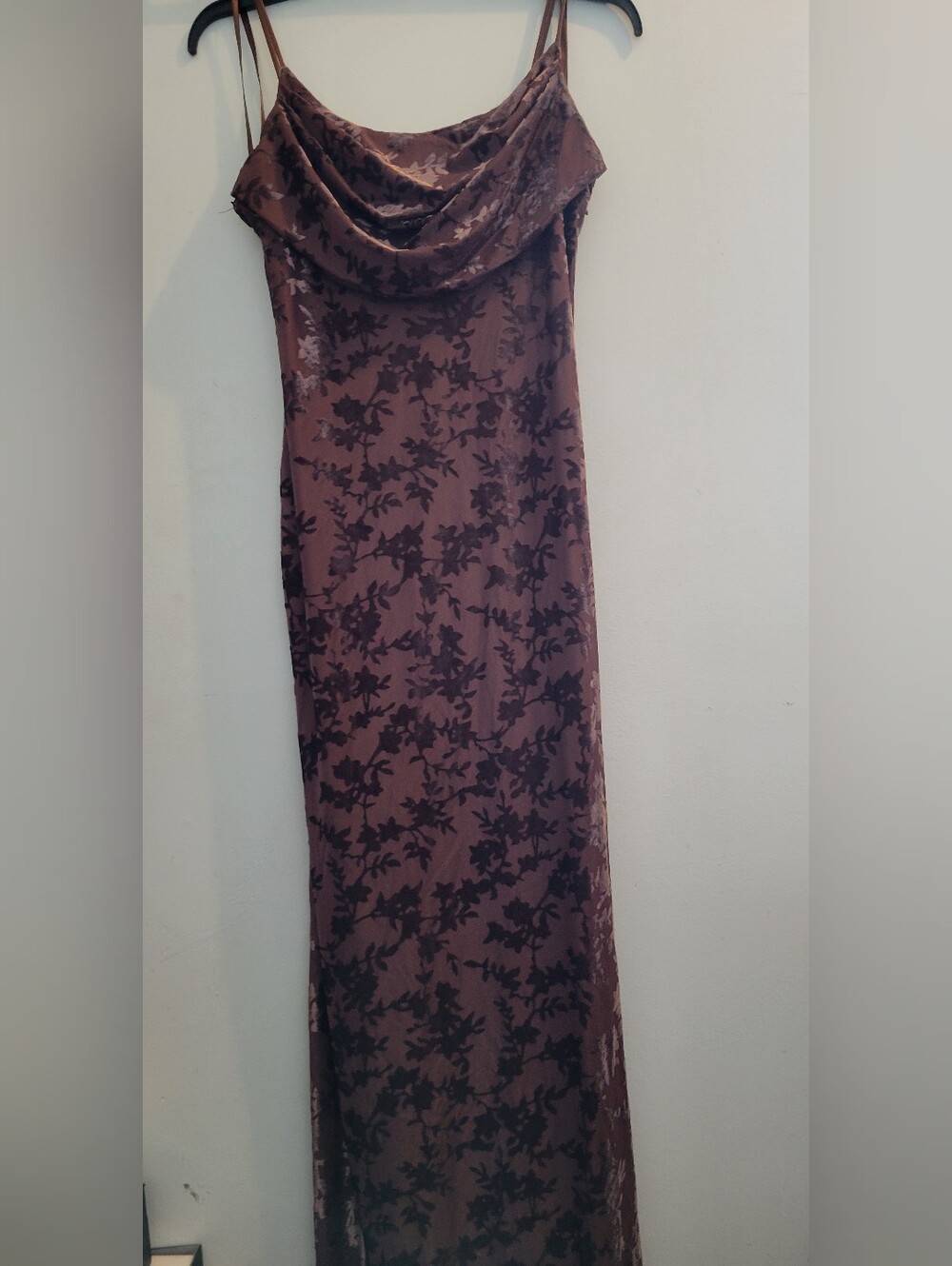 Bobbles & Lace: Cowl-Neck Maxi Dress in Deep Brown Floral